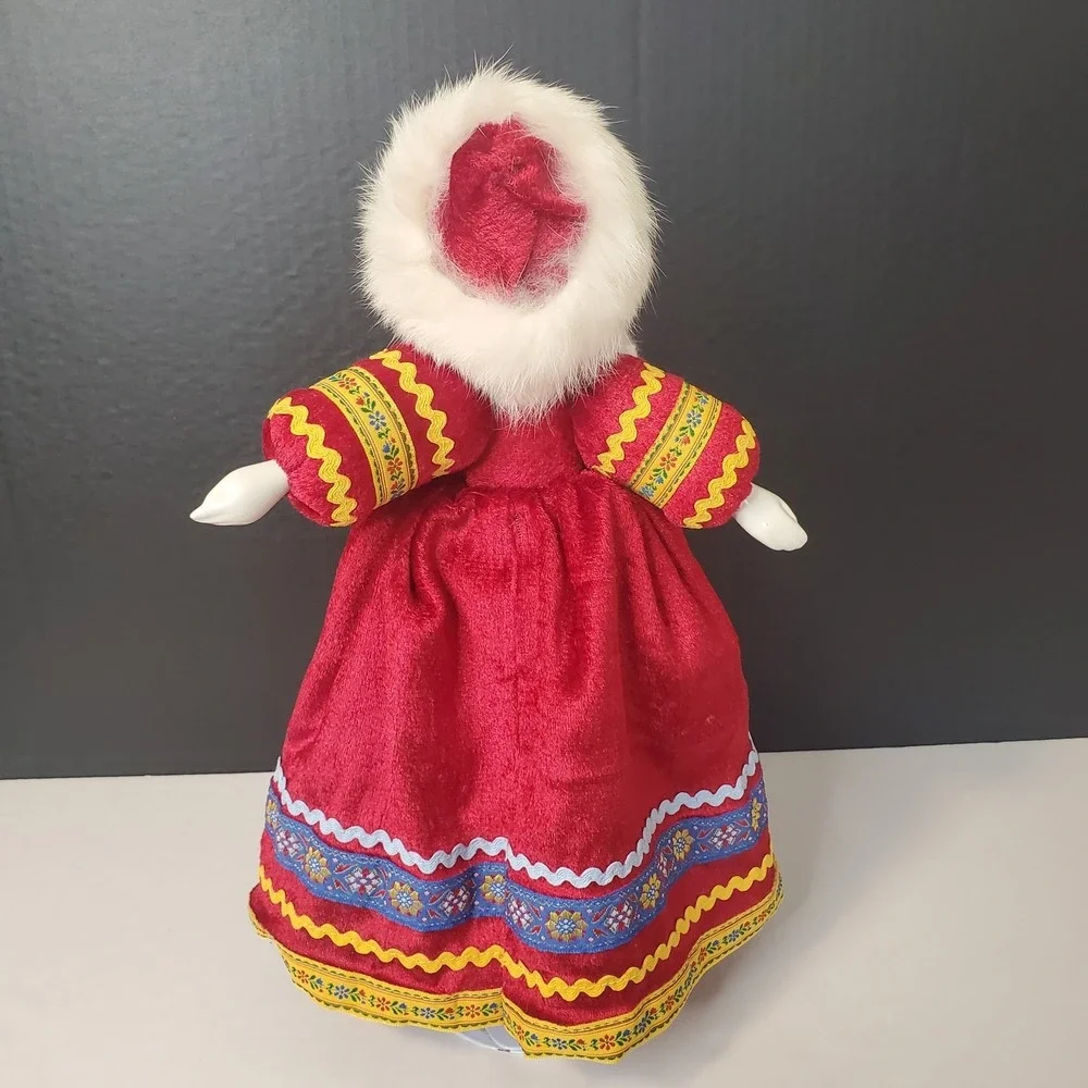 Russian Folk Costume Doll Porcelain Face Hands Feet Red Velvet Dress Fur Hat 16